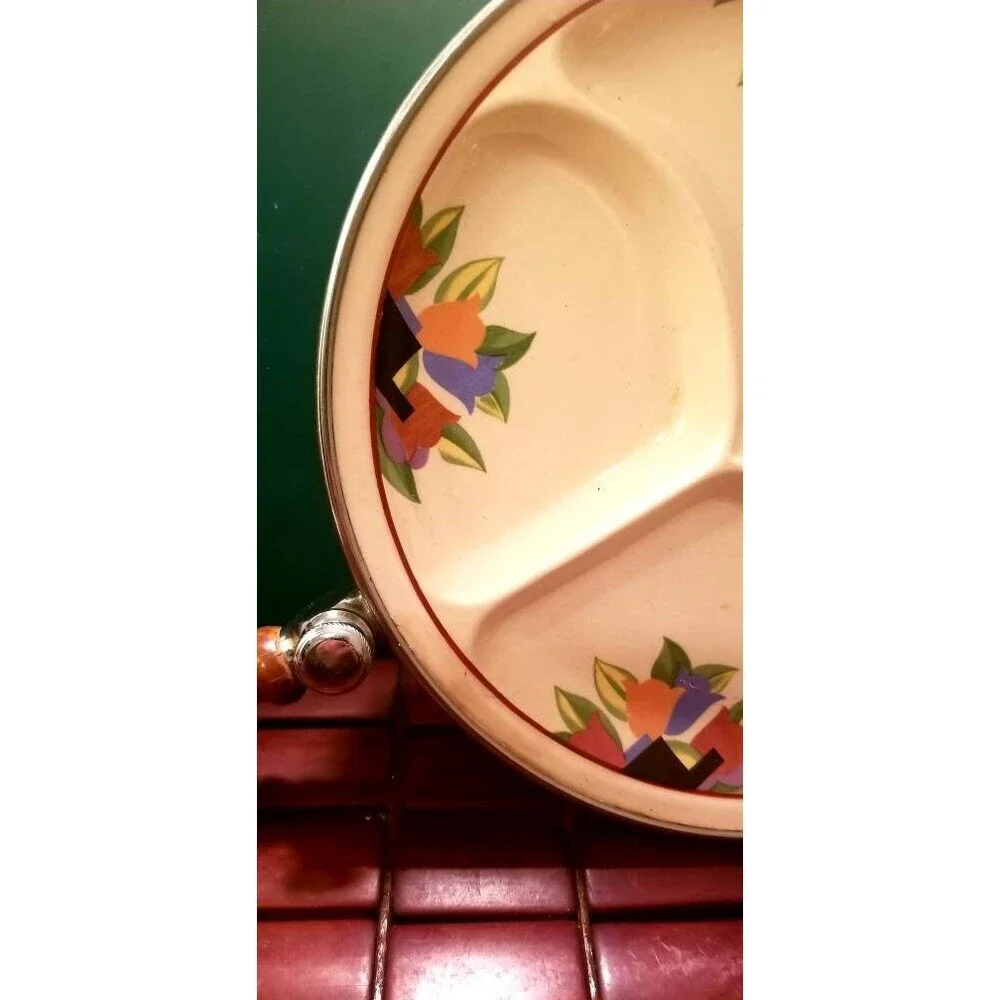 Vintage 1930s Child's 3 Compartment Warming Dish With Floral Pattern Farberware